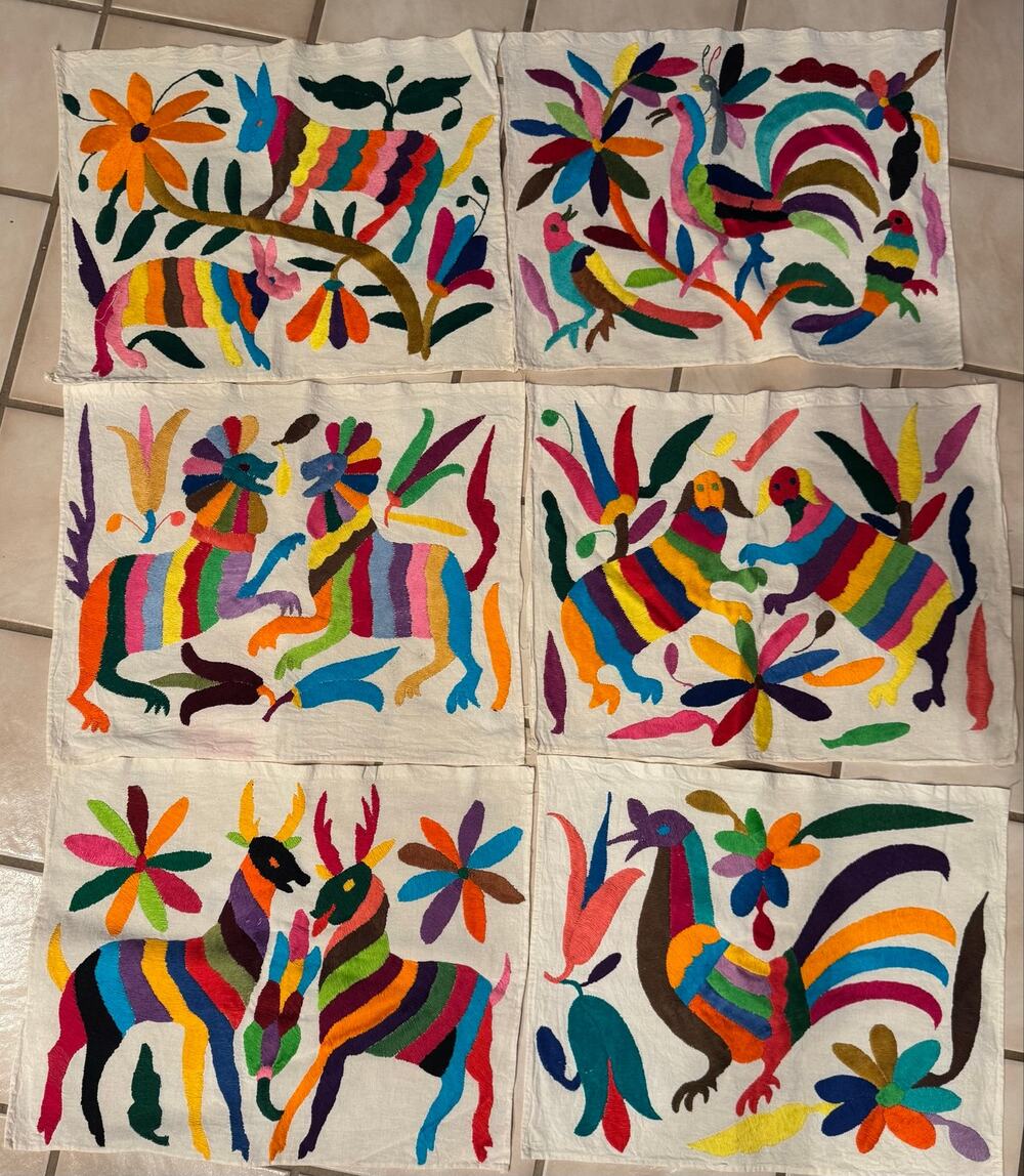 Set of 6 Otomi Tenango, Mexican Hand Embroidered Vintage tapestries 16.5x14”